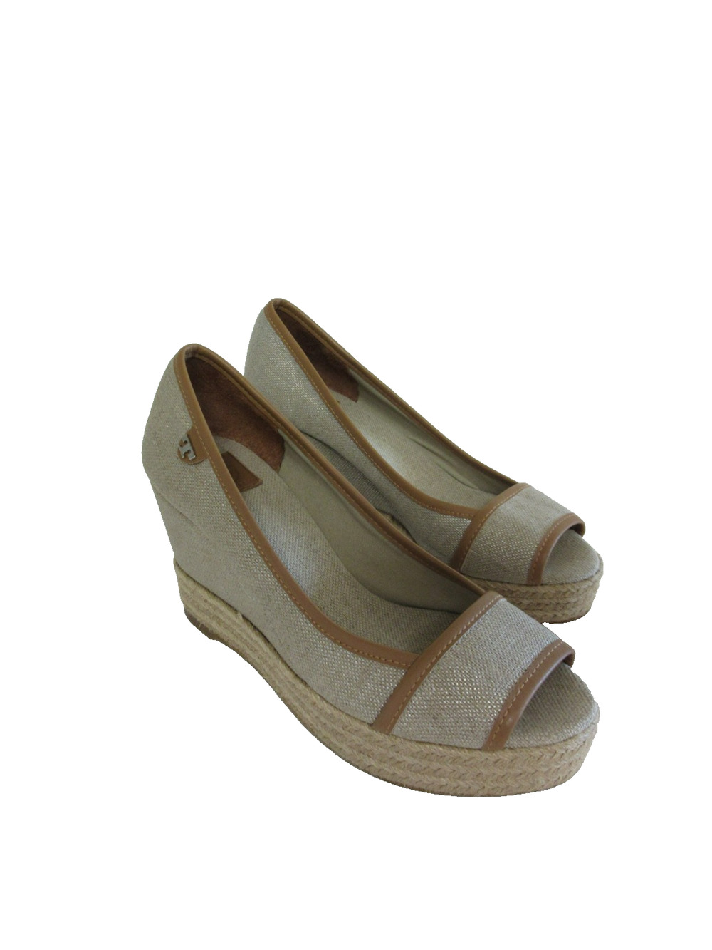 TORY BURCH Canvas Espadrille-Style Wedge 36 1/2 Beige Peep Toe Chic Resort Heels